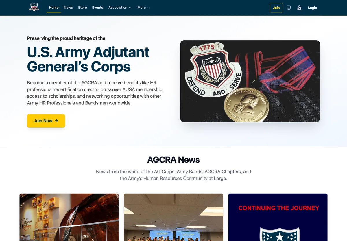 The public AGCRA homepage I support, showing its membership introduction and association news