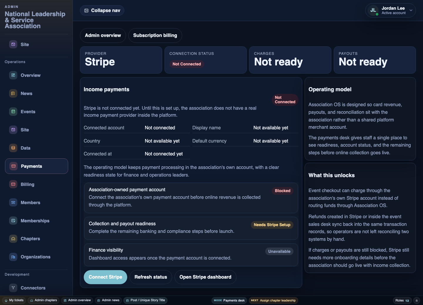 Associations OS payments desk screen