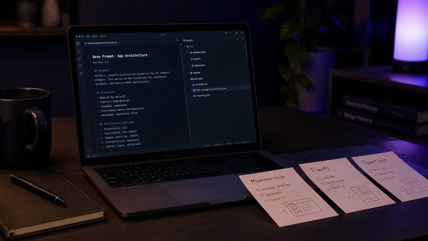 Laptop showing a base prompt architecture file with membership, events, and donations notes on a desk