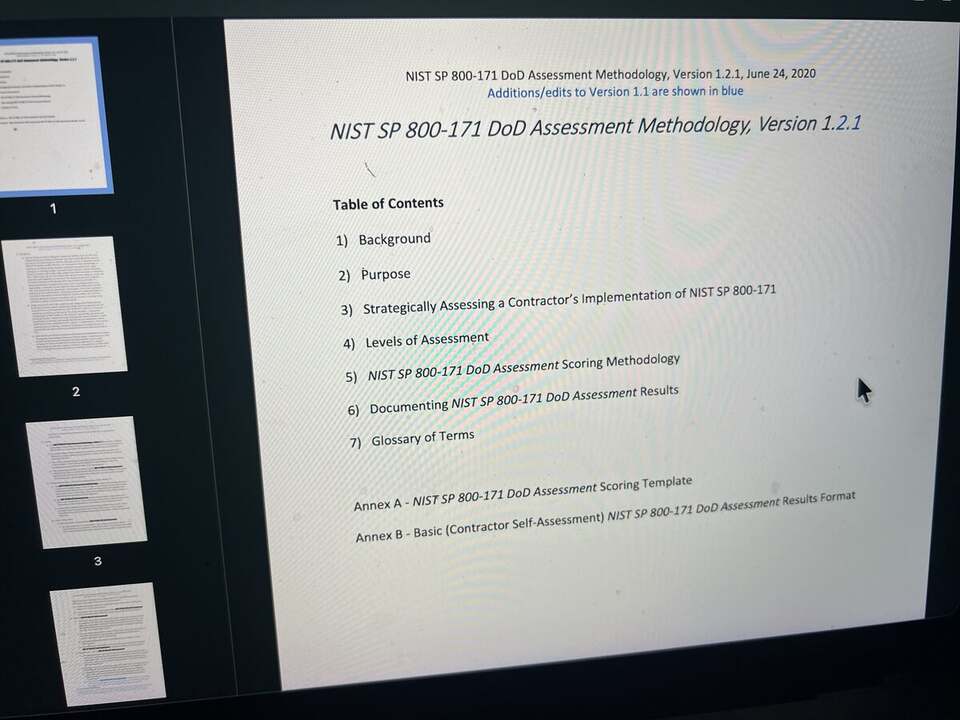 A photo of the NIST SP 800-171 DoD assessment methodology shown on a laptop screen