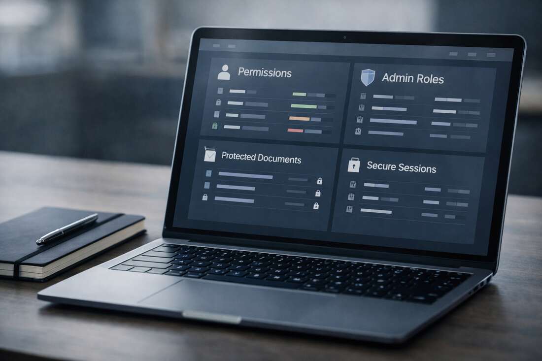 Laptop dashboard showing permissions, admin roles, protected documents, and secure sessions