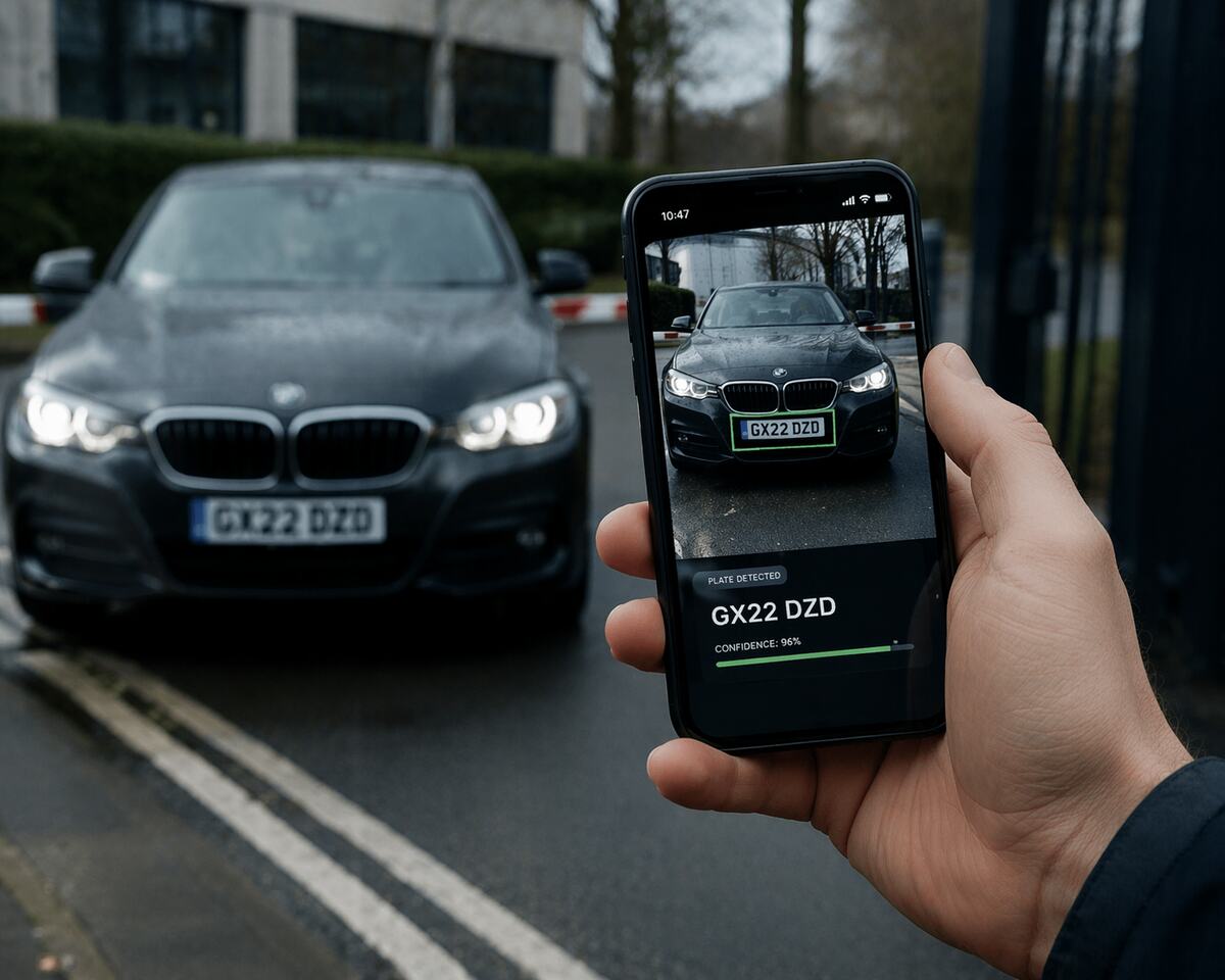 iPhone camera view reading a car number plate live on device