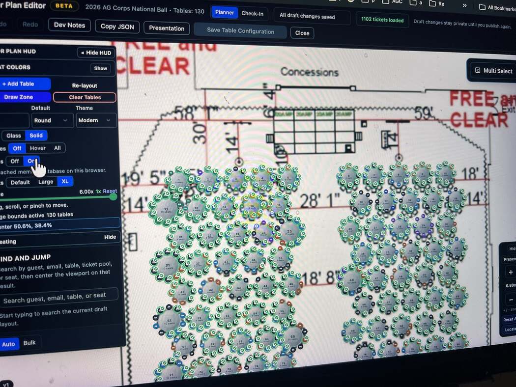 Floor plan editor showing National Ball table layout and ticket check-in status