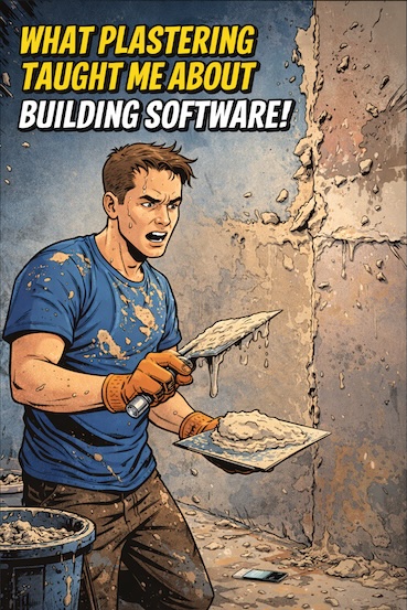 Comic-style image of someone plastering a messy wall badly, with wet plaster on the trowel and debris across the floor