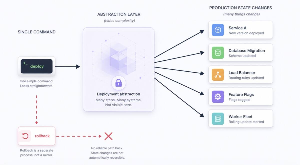 Deployment abstraction diagram showing one deploy command expanding into several production state changes without a reliable rollback path