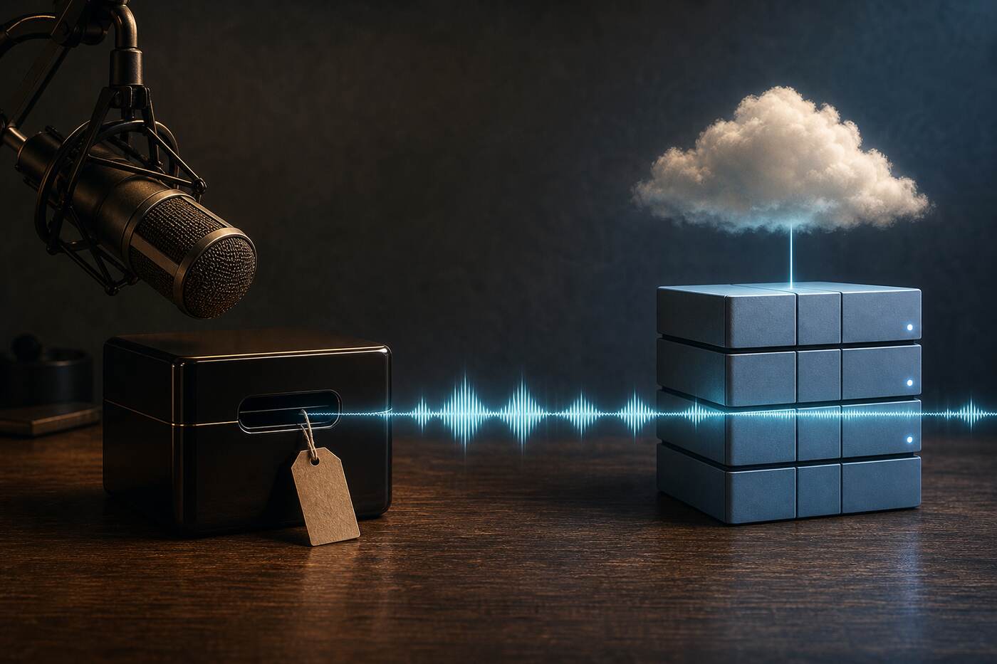 A studio microphone and audio waveform moving from a subscription box into compact cloud storage